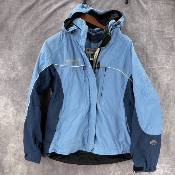 Columbia Titanium Jacket Womens Large Blue Omnitech Hooded Zip Vented Ski Hiking - Picture 1 of 7